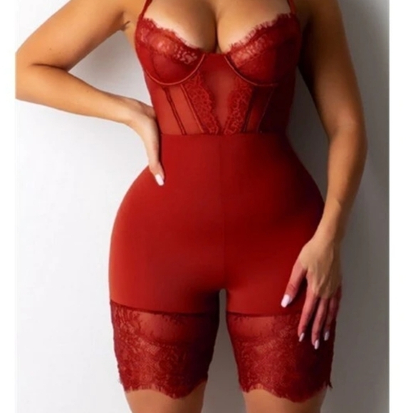 None Other - NWOT red lace trim caged short romper / bodysuit